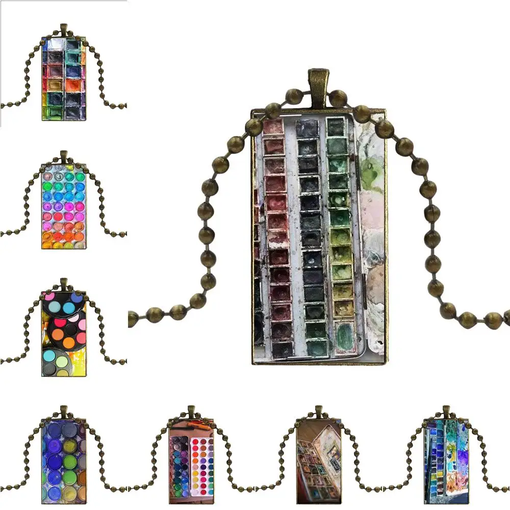 For Women Gift Designer Watercolor Set Paint Box Necklace Fashion Long Chain With Rectangle Jewelry | Украшения и аксессуары
