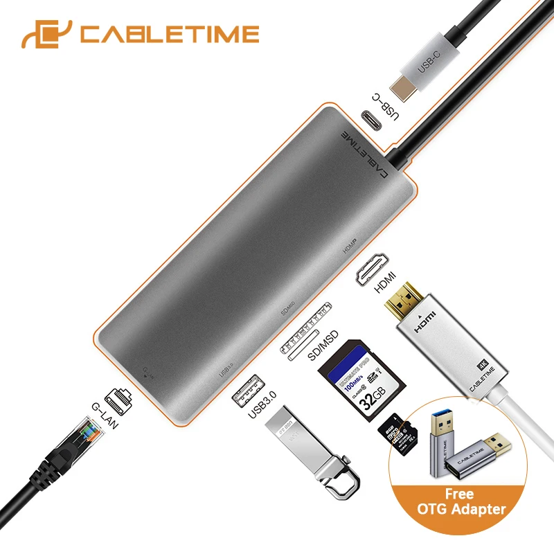 USB-концентратор CABLETIME Тип C на HDMI SD-концентратор USB3.0 сетевой адаптер 6 в 1 для MacBook air