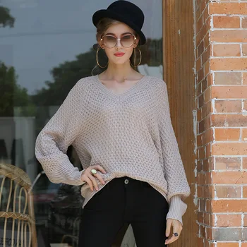 

New women's long sleeve sweater v-neck sweater splicing decorative casual daily loose autumn and winter