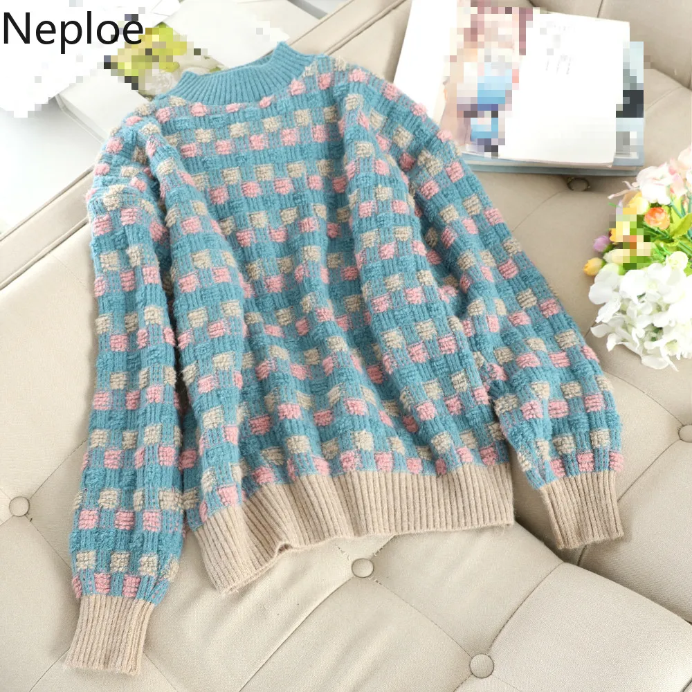 Neploe, женские свитера, корейские, свободные, вязаные, в клетку, с круглым вырезом, с длинным рукавом, женские свитера, Ретро стиль, с длинным рукавом, пуловеры, топы 80230