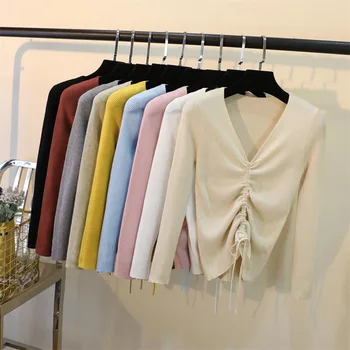 

Women Knitted Jumper Long Sleeve Sweater V Neck Pullover Knitting Casual Draw Rope Tops 6 Colors