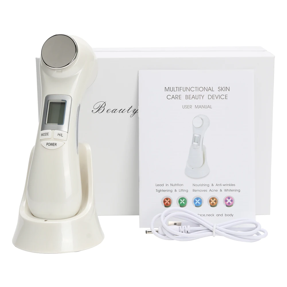 WITH GIFT BOX 5 в 1 светодиодный RF фотон терапия лица лифтинг кожи омолаживающее устройство машина EMS ионная микротоковая мезотерапия массажер - Цвет: WITH GIFT BOX