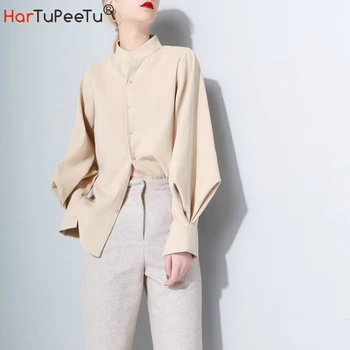 

Oversize Blouse Women 2020 Autumn Pleated Lantern Long Sleeve Basic Tops Vintage Solid Loose Fit Buttons 3 Colours Streetwear