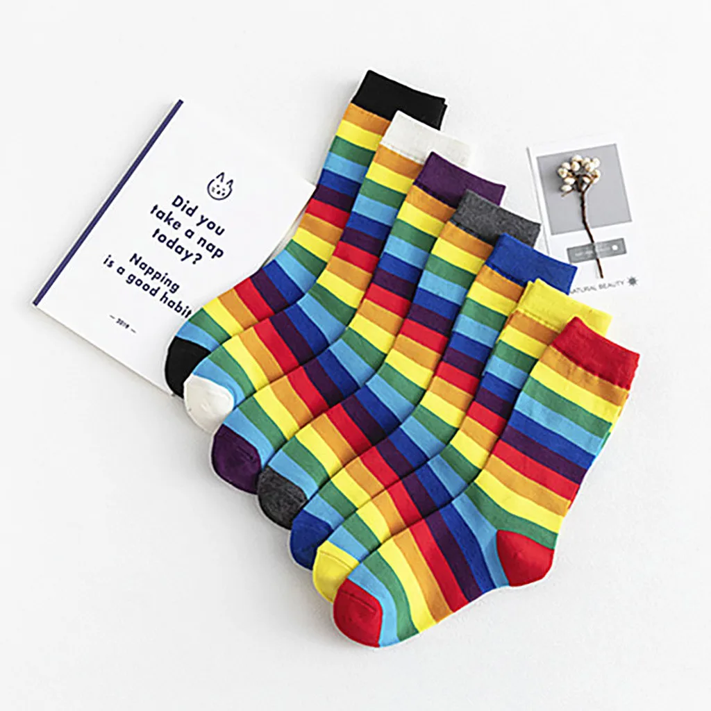 Women's Rainbow Striped Pile Of Socks In The Tube Casual Cotton Socks Girl Fashion Elasticity Candy Color Fashion NEW
