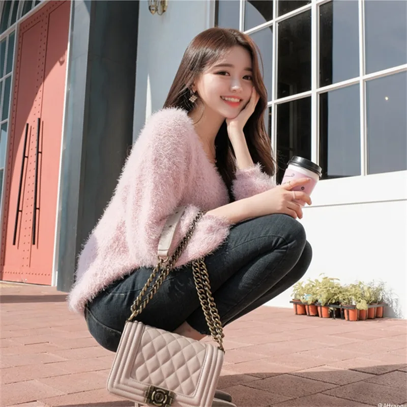 RUGOD women sweet pink sweater women elegant v neck long sleeve mink cashmere sweater casual spring knitted pullover pull femme