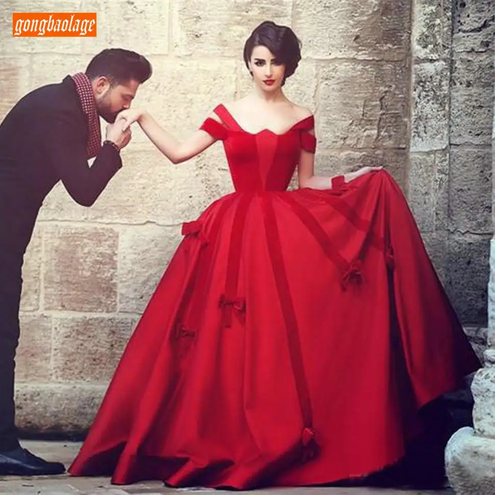 

Gorgeous Red Evening Dresses Long Off Shoulder Satin Ball Gown Evening Gowns Custom Made Floor Length Women Pageant Formal Dress