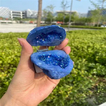 

Natural angel aura agate geode crystal hole Mineral specimen contains clean crystal clusters electro plating Titanium coating