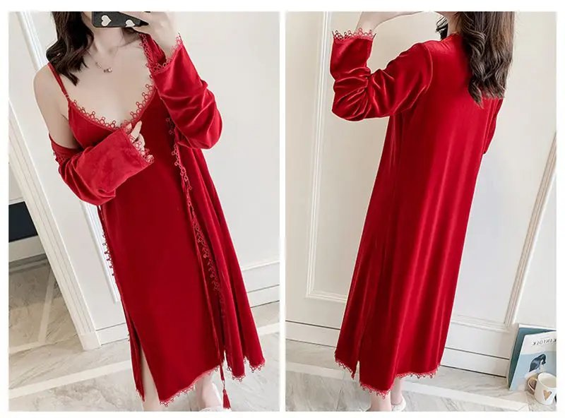 Smmoloa бархатный женский зимний халат из двух частей, роскошные комплекты с v-образным вырезом, одежда для сна Женская+ халат