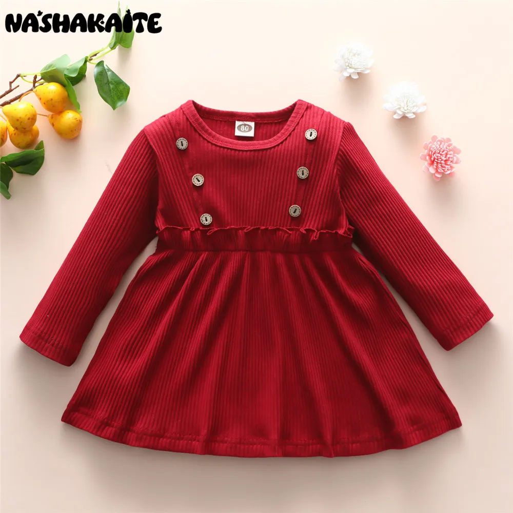 

NASHAKAITE Toddler Girl Dress Long Sleeve Button Ruffle Dress for Baby Autumn Pure Color Simple Fashion Little Girl Clothes