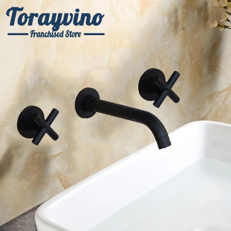 Torayvino bathroom wall mounted tap basin 3 pcs black brass rubinetto lavabo basin faucet Cold Hot Water mixer bathtub sink taps