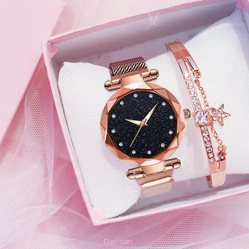 Роскошные женские часы, кварцевые, модный браслет и часы, набор, женские наручные часы, звездное небо, римская цифра, подарок, часы, relogio feminin - Цвет: Rose bracelet