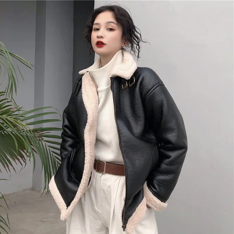 Lambs Wool Joint Leather Coat Winter Women's New Style Students Hong Kong Style INS Loose Casual Cotton-padded Jacket Tops