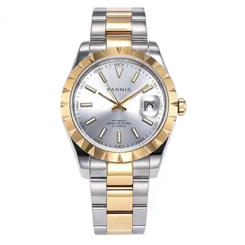 

Fashional Parnis 39mm silver dial luminous marks gold plated polished bezel sapphire miyota automatic movement men's wrist watch