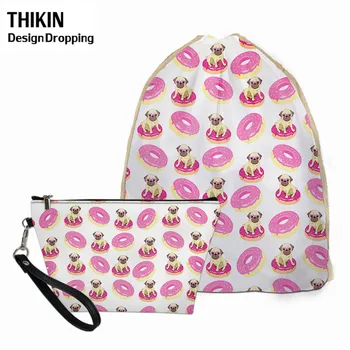 

THIKIN Kawaii Pug Dog Donuts Print Junior Students Drawstring Bag Animal Travel Professional Makeup Box Small Present for Women