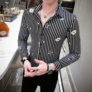 

British Style Men Striped Shirt Fashion 2020 Streetwear Long Sleeve Mens Casual Floral Shirts Slim Fit Blouse Men Tuxedo 3XL-M