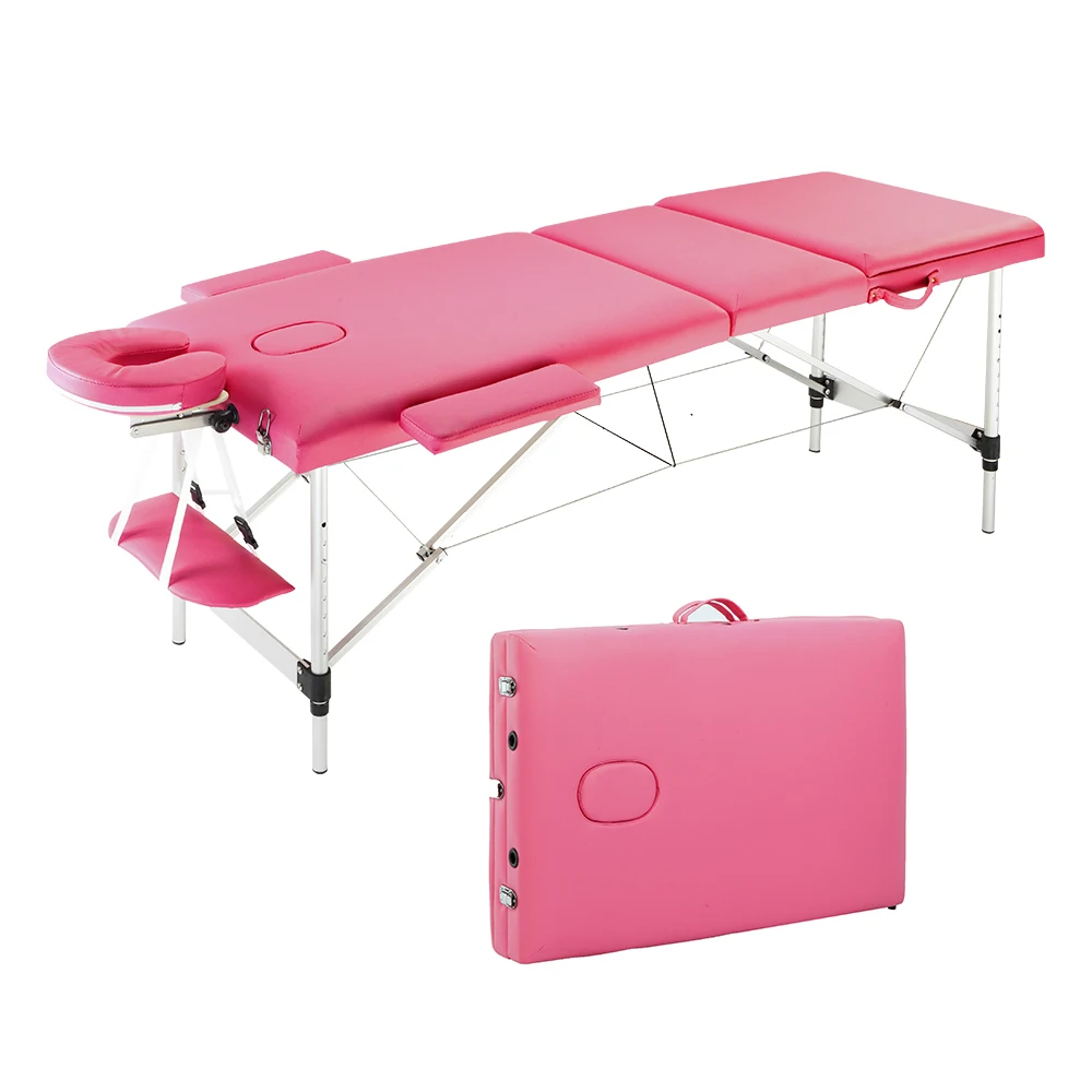 3 Sections Folding Portable  Beauty Bed Aluminum Foot Beauty Massage Table 60CM Wide Pink  Salon Furniture