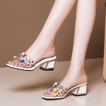 

Jouir Talons INS Large Size 43 PVC Rivets Summer Chunky Heels Sandals Slipper Woman Shoes Women Pumps