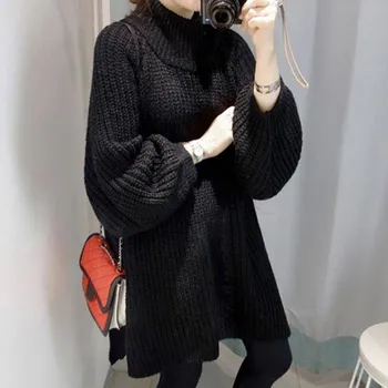 

Autumn Winter Women Long Sleeve Turtleneck Knit Sweater Lantern Sleeve Side Slit Long Sweaters Solid Loose Pullovers pull femme