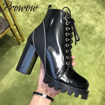

Genuine Leather Round Toe Sexy Platform Strips Chunky Heel Autumn Winter Boots Shoes Women Lace Up Branded Boots