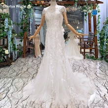 LS080 Свадебные платья русалки, как белый круглый вырез короткие рукава, отделка бисером кристалл недорогие свадебные платья с большим бантом