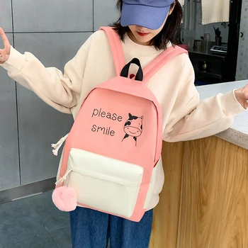 

4pcs/set Fashion Canvas Shoulders Bags Hit Color Durable Casual Fashion Female Large Capacity Backpacks with Pencil Case