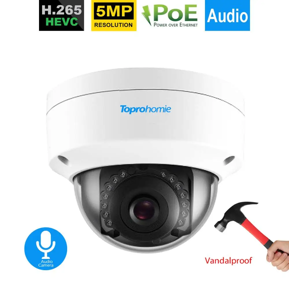 TOPROHOMIE H.265 5MP HD 48V POE ip камера IP66 Vandalproof In/открытый купол безопасности onvif аудио