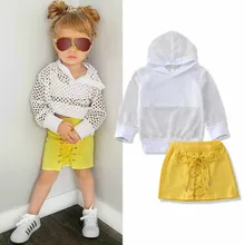 От 1 до 6 лет наборы детской одежды для маленьких девочек сетчатые топы с длинными рукавами и капюшоном, мини-юбка, комплекты одежды из 2 предметов