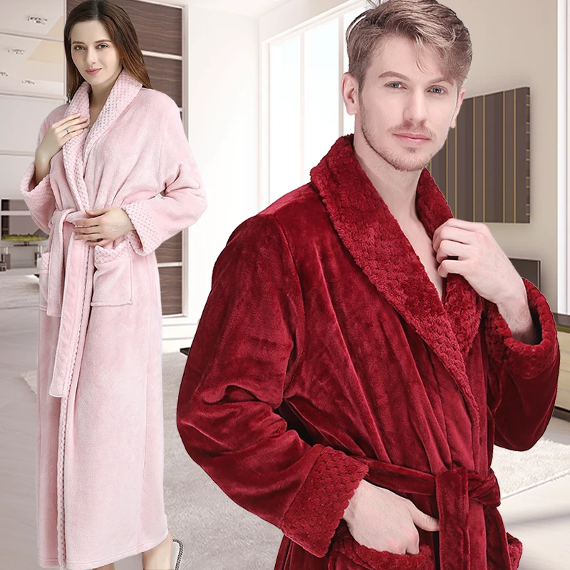 

New Men Women Winter Extra Long Grid Fur Thick Flannel Warm Bathrobe Mens Luxury Thermal Bath Robe Soft Dressing Gown Male Robes