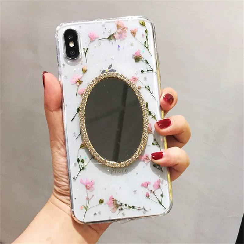 

case for iPhone 11 XR 7 8 11 Pro Max X XS Max Plus 6 6s cover Makeup Mirror Rhinestone delicate small real dried flower