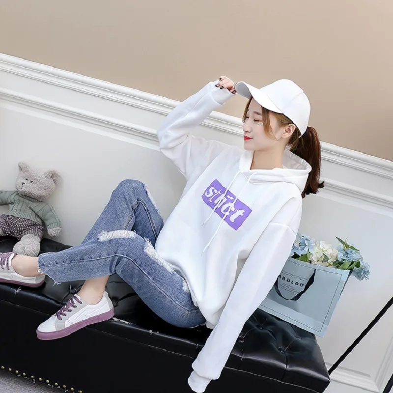 

2019 Fsdhion Autumn Winter Fleece Letter Harajuku Print Pullover Thick Loose Women Hoodies Sweatshirts New Female Casual Coat
