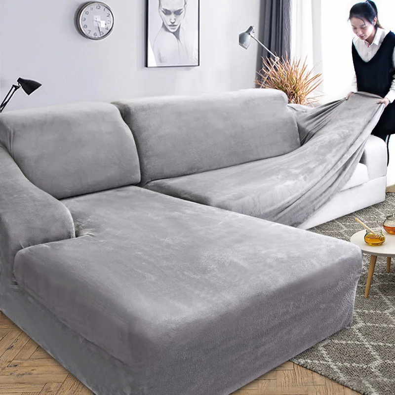 Plush Velvet L Shaped Sofa Cover for Living Room Elastic Furniture Couch Slipcover Chaise Longue Corner Stretch | Дом и сад