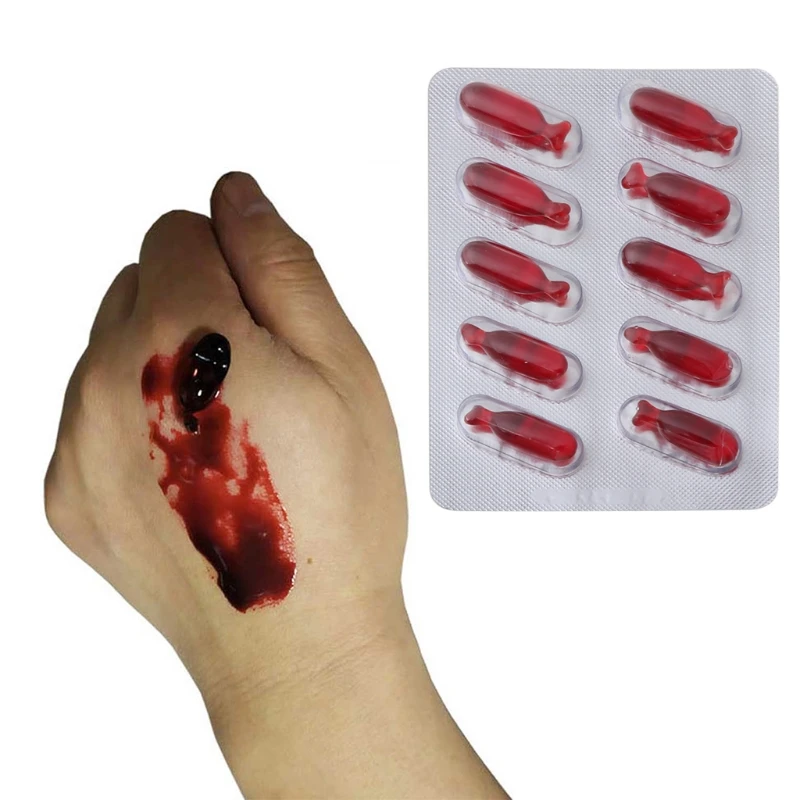 เลือดปลอม แบบถุงแคปซูล ใช้กัดหรือบีบหรือขยี้ให้ถุงเลือดแตกได้ เลือดข้นมีก้อนวุ้นเหมือนจริง