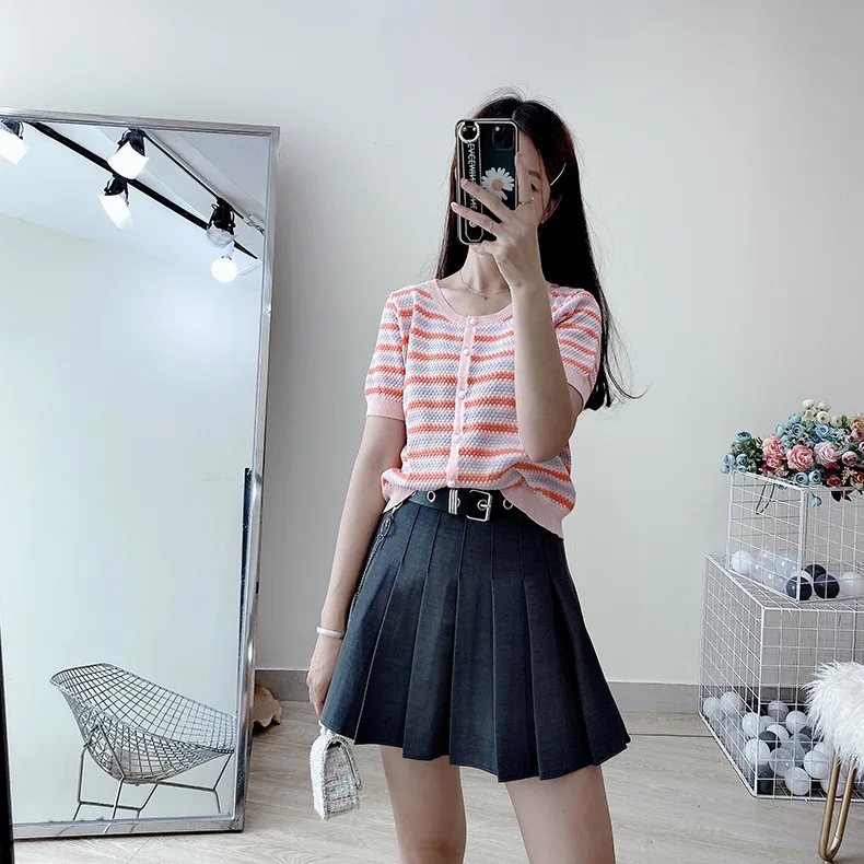 brown skirt High Waist Solid Pleated Skirts Woman Harajuku Belt Chic A-Line Skirt Woman's Retro Simple Black Mini Skirt Women Summer 2021 silk skirt