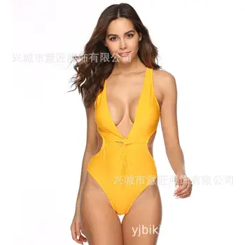 

19-year New European and American Swimwear Exploded Pure-color One-in-One Swimwear Connected Deep V Swimwear