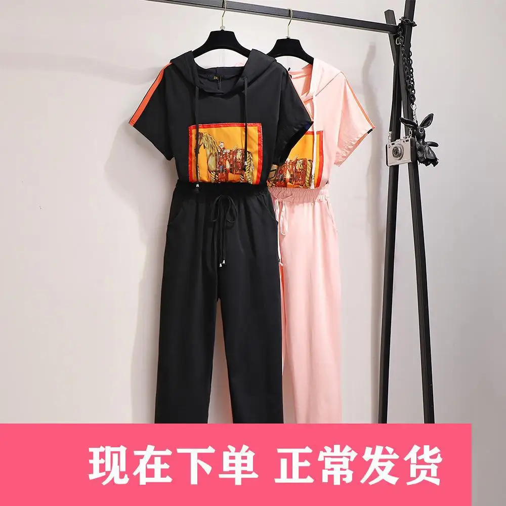 

300 Large Size Dress Fat Mm2020 Spring And Summer New Style Hooded Applique Short Sleeve T-shirt Casual Pants Two-Piece Set