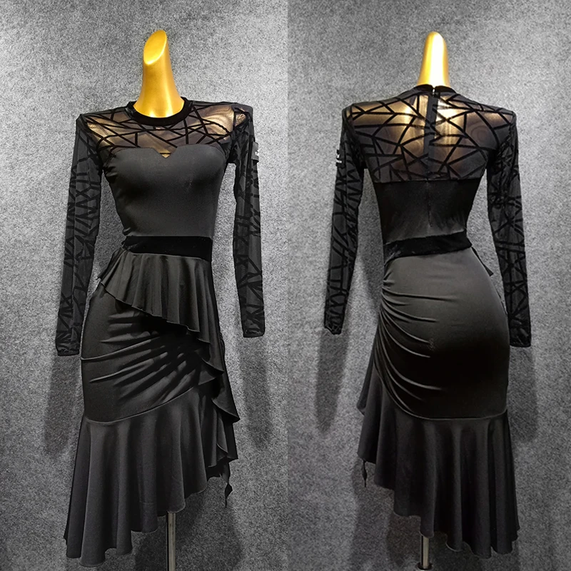 

Latin Dance Dress Black Long Sleeve Adults Dancing Practice Clothing Rumba Tango Salsa Cha Cha Women Performance Wear