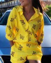 

Spring Summer Women Shorts Set 2 Piece Casual Solid Lapel Long-sleeved Blouses And Shorts Suits Female Loose Street wear Clothes