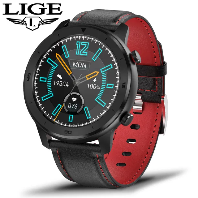 Belt black red LIGE, новинка, IP68, водонепроницаемые Смарт-часы для мужчин, пульсометр, Мониторинг Артериального давления, полный сенсорный экран, музыкальный контроль, спортивные Смарт-часы - Цвет: Belt black red