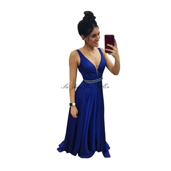 

Abendkleider Royal Blue Prom Dresses Long Dress V-neck Formal Gown Beading Evening Gown Satin A-line Party Dress Robe De Soiree