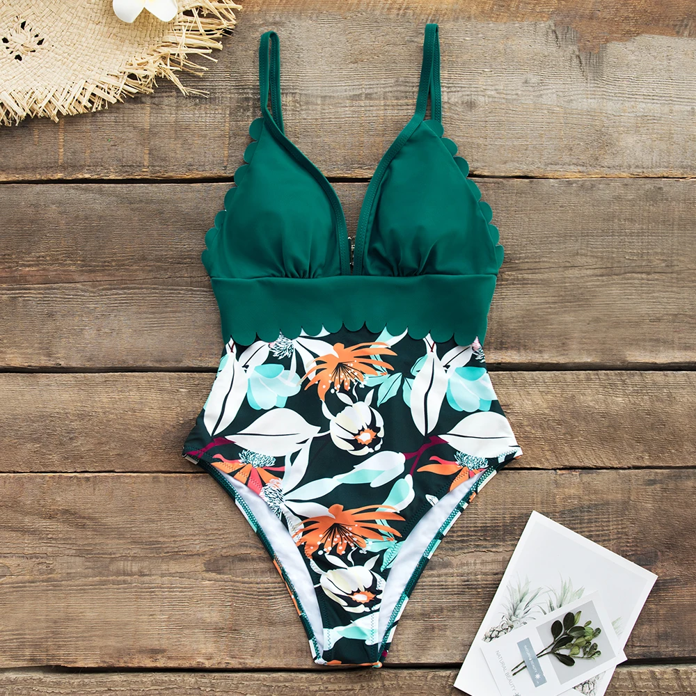 teal floral scalloped bikini