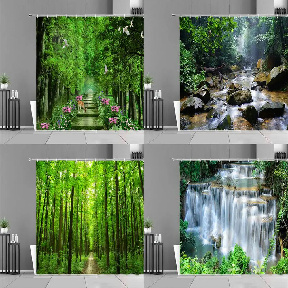 

Занавеска для душа с изображением зеленого леса водопада, ландшафта, s, цветов, растений, дерева, птицы, оленя, узор природного пейзажа, Набор декоративных занавесок для ванной комнаты