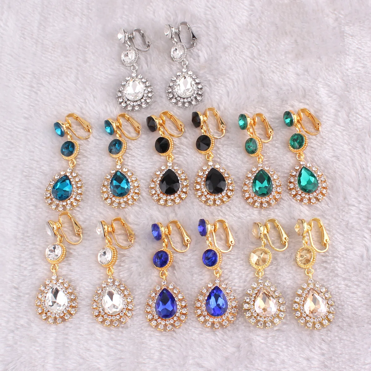 12 Colors High-grade Rhinestone Crystal Tear Drop Shape Clip on Earrings No Pierced for Women Wedding No Hole Ear Clip