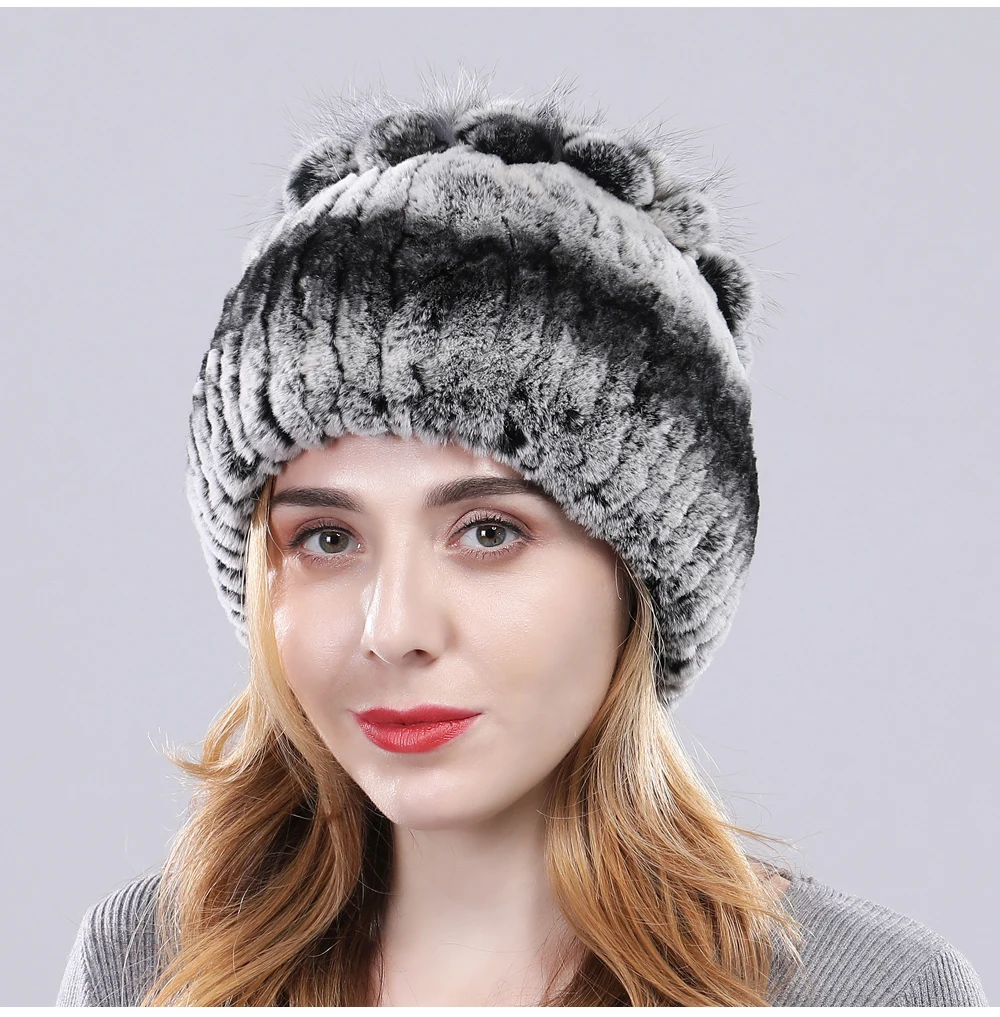Women Real Rex Rabbit Fur Hats Lady Handmade Knitted Striped Genuine Rex Rabbit Fur Cap Winter Warm Fashion Fur Beanies