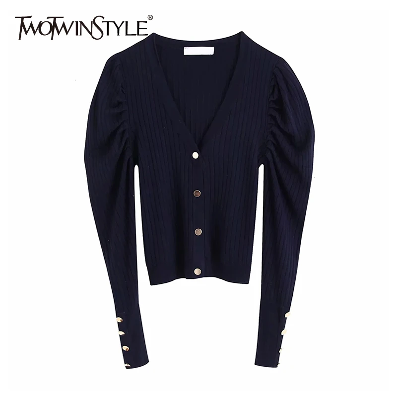 TWOTWINSTYLE Black Knitted Women's Sweater V Neck Puff Sleeve Single Breasted Korean Sweaters Female Autumn Winter New