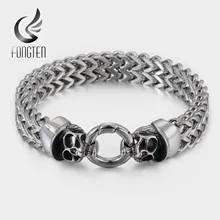 Fongten Байкерская сетчатая цепочка, браслет с черепом, серебряный, нержавеющая сталь, скелет, панк, виниловый, мужские браслеты, браслеты, модное ювелирное изделие, подарок