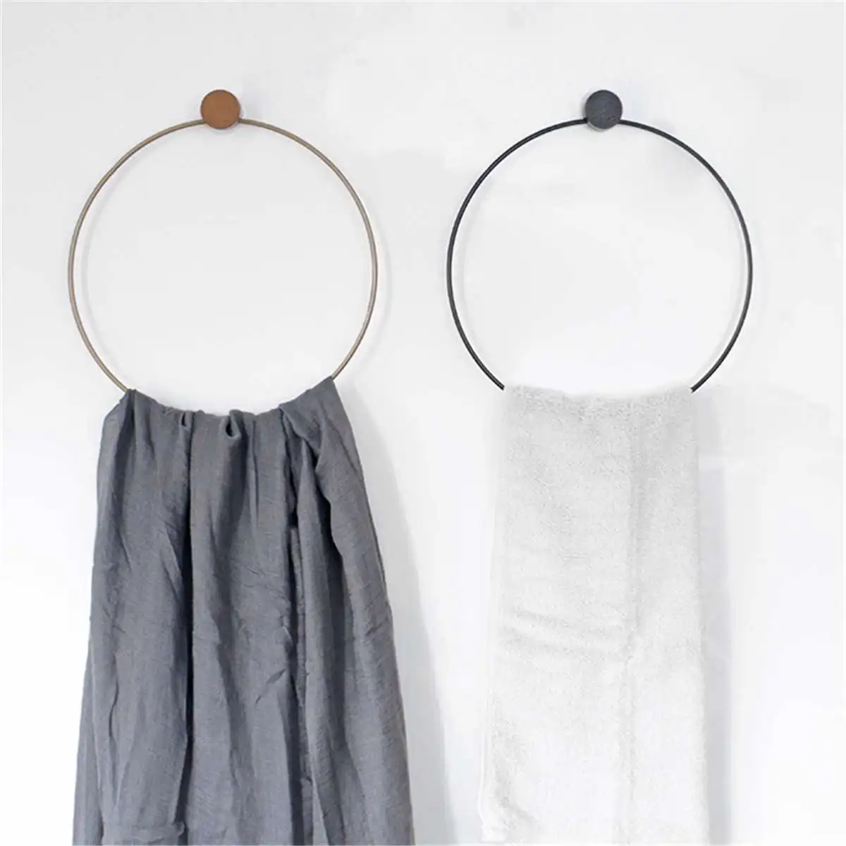 

Nordic Simple Bathroom Towel Rack Hang Ring Round Decorative Shelving No Trace Installation Iron Wood Towel Holder 2 Colors