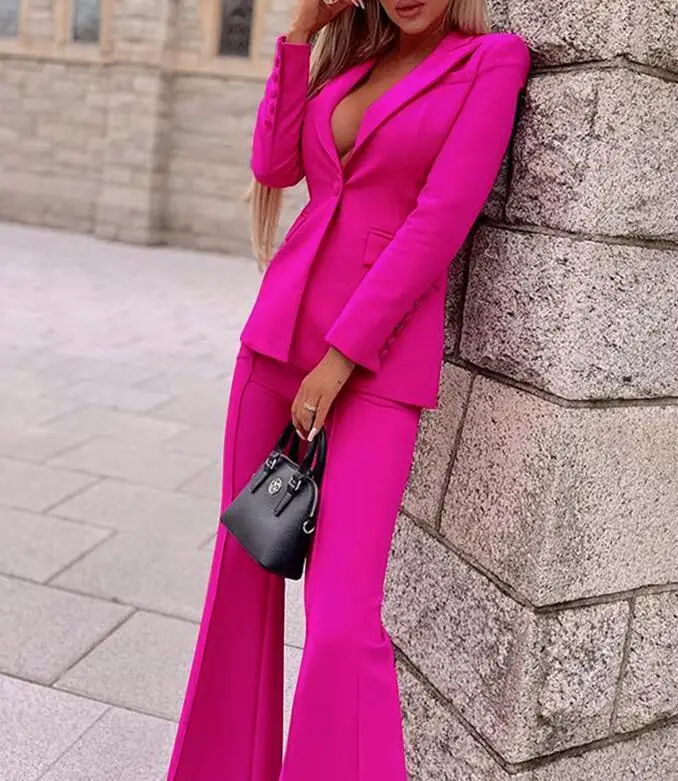 Fuchsia Women Pantsuits Autumn Blazer+ Wide Zipper Long Pants Officer Lady Trousers Suits