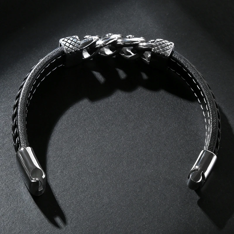 Leather Bracelets Men Black Stainless Steel Charm Magnet Buckle Rough Cross Punk Bangles Jewelry