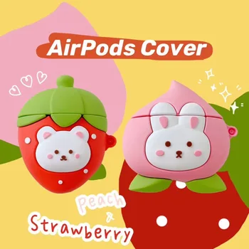 

for Airpods pro Cartoon Peach Rabbit Soft Earphone Case for AirPods 1/2 Bluetooth Headset 3D Strawberry Silicone Cover with Hook