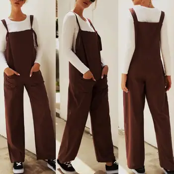 

Casual Women Solid Color Multi Pockets Knot Tie Wide Leg Loose Overalls Jumpsuit Women Girls Loose Trousers Ladies Pants
